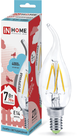 Лампа светодиодная LED-СВЕЧА НА ВЕТРУ-deco 7Вт 230В Е14 4000К 630Лм прозрачная IN HOME